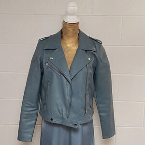 Blue Faux Leather Bomber Moto Jacket Small Silver Hardware